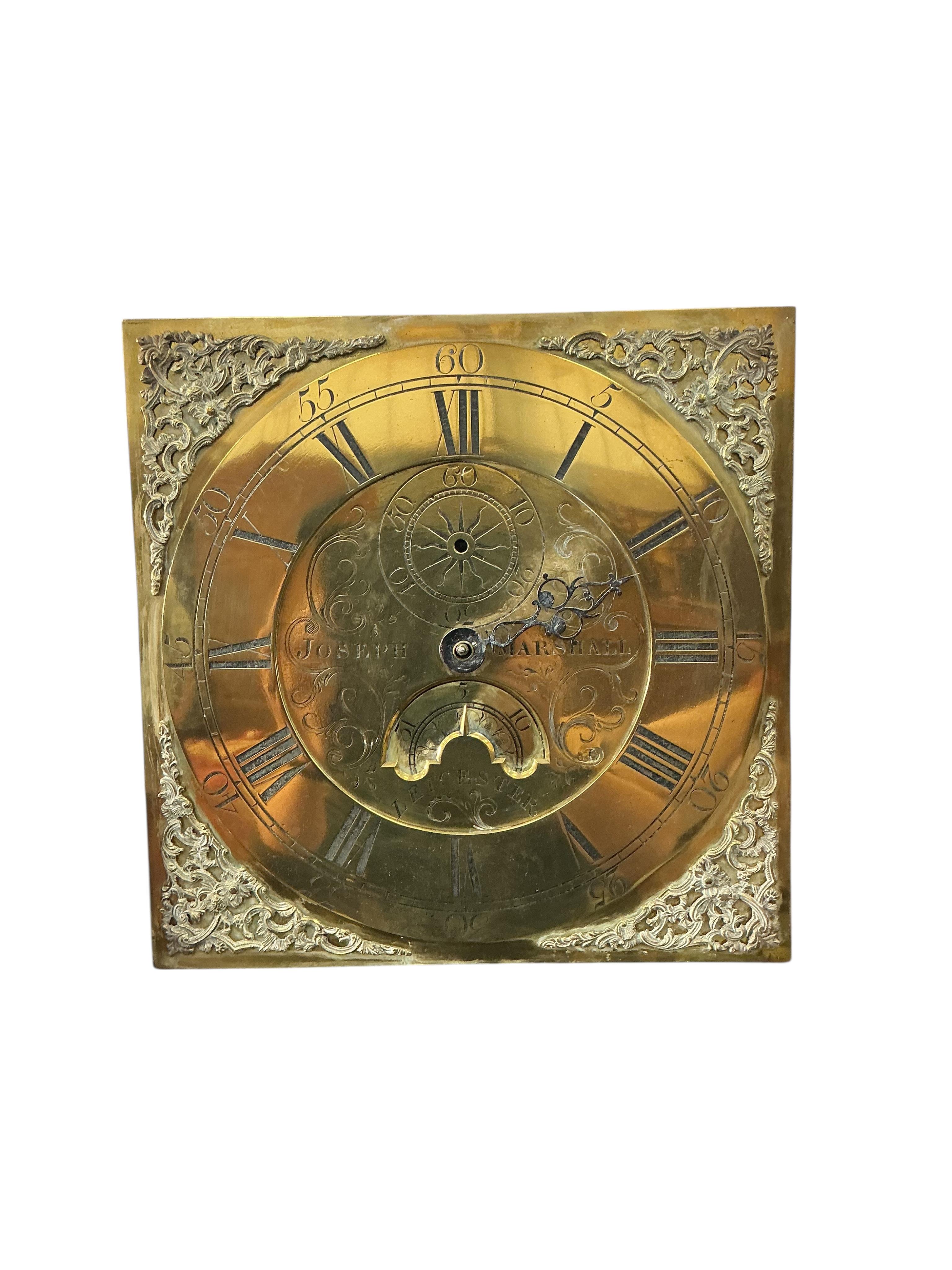 A late 18th century oak 30 hour brass dial longcase clock, by Joseph Marshall, Leicester, height 211cm